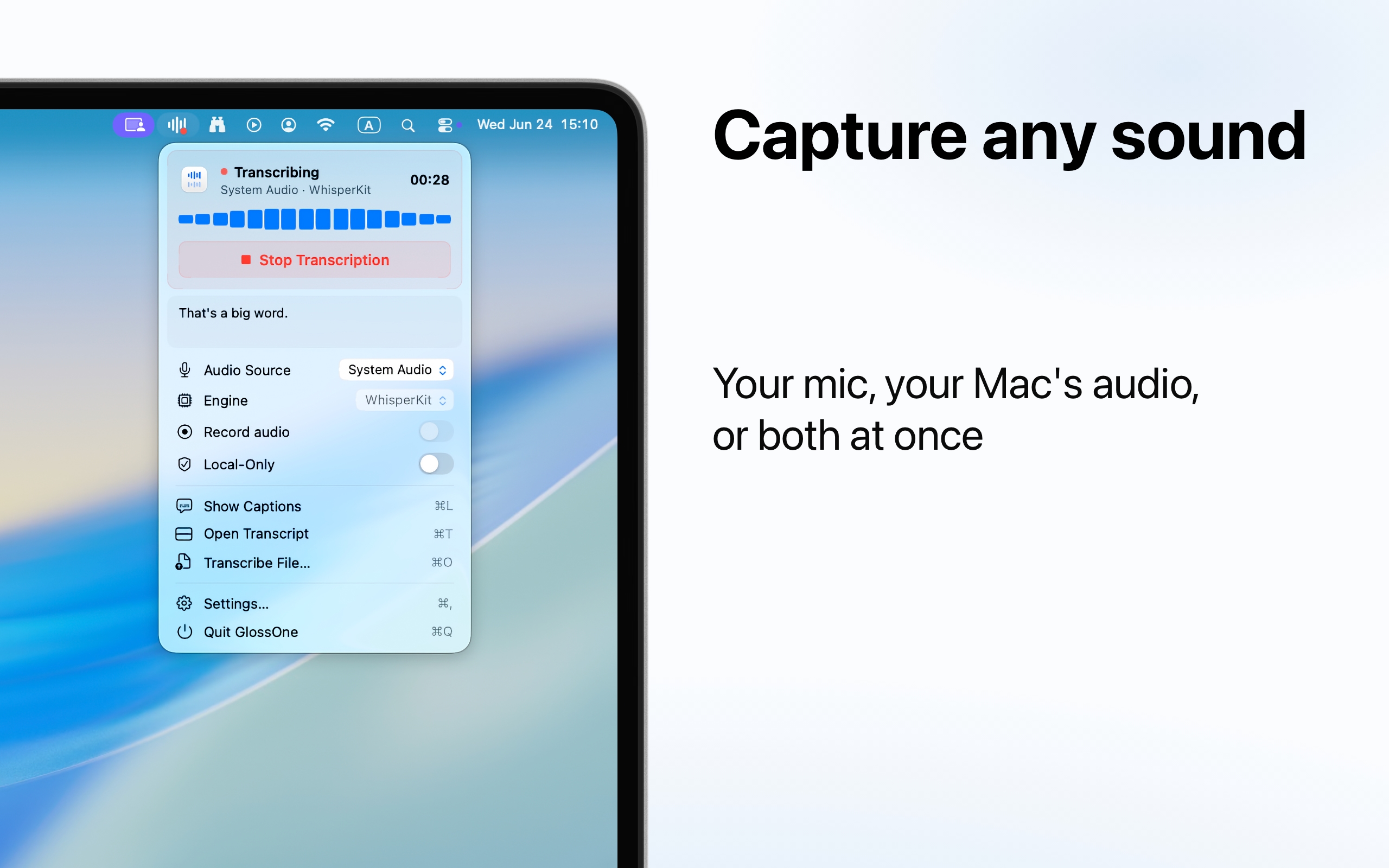 GlossOne transcribing system audio live from the menu bar.