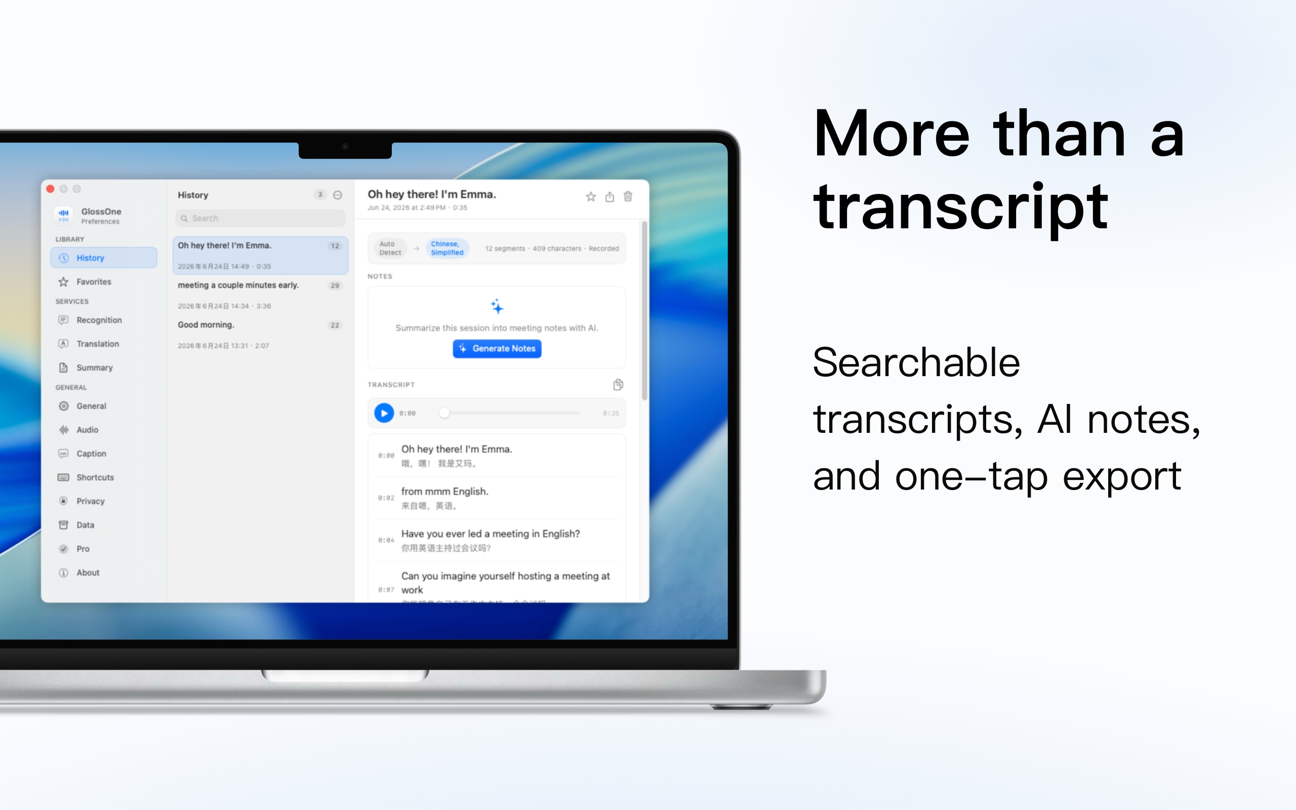 GlossOne session history with a searchable transcript and AI meeting notes.