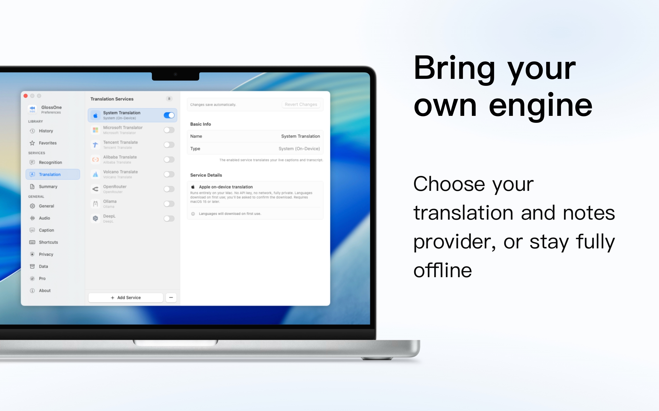 GlossOne translation services, choosing a translation and notes engine.